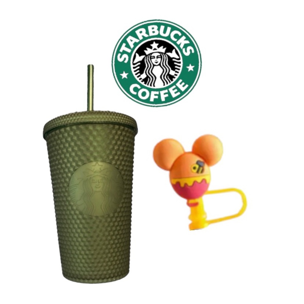 🆕 Dark Green Starbucks cup with straw 16oz w/Winnie the Pooh straw cover - Picture 1 of 6